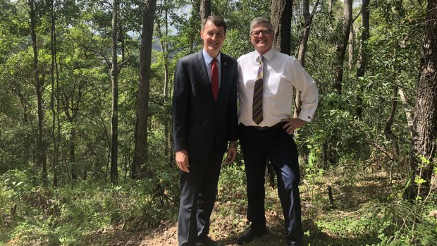 Brisbane lord mayor Graham Quirk with Parks, Environment and Sustainability chairman David McLachlan at council-owned Keperra bushland.