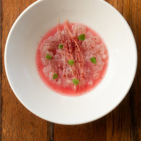 Raw fish with rhubarb ponzu.
