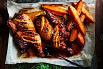 Harissa whole roast chicken and caramelised sweet potato.