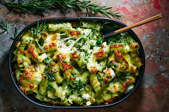 Bake your super green mac and cheese. until it’s golden and bubbling.
