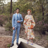 He wears Calvin Klein suit, $599, and dress shirt, $90, from David Jones; Van Heusen tie, $40; Omega “Seamaster Diver 300M 42MM” watch, $8250; R.M. Williams “Comfort Craftsman” boots, $649. She wears Kate Ford “Dahlia” blouse, $395, and skirt, $475; 
La Boheme headband, $28; Arms of Eve pearl and tiger-eye beaded necklace, $120; Loewe Flamenco clutch, $3300; Zara heels, $90.