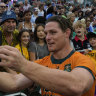 Michael Hooper takes a selfie with fans at the Hong Kong sevens.