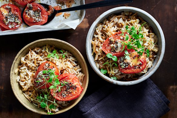 Koshari-style rice with spice-roasted tomatoes.