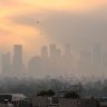 Bushfire smoke over Melbourne on Sunday morning.