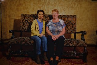 Actor Kellie Rode, left, with real life animal welfare worker Bonnie Harris, who she portrays in Come From Away.