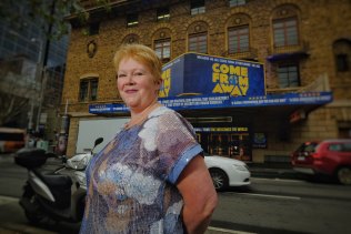Bonnie Harris outside the Comedy Theatre, where Come From Away opens on Saturday.