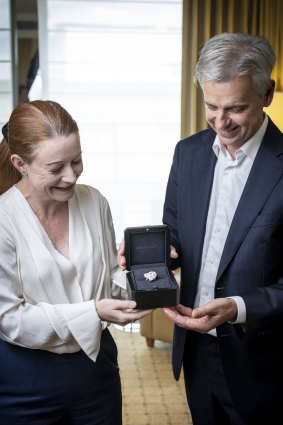 Rio Tinto head of minerals Sinead Kaufman (left) and Patrick Coppens, general manager of sales and marketing at Rio Tinto Diamonds, with a rare Argyle pink diamond ring worth $6 million.