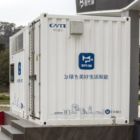 A large lithium battery at a CATL vehicle charging station in Fuzhou, China.
