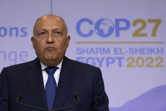 Sameh Shoukry, president of the COP27 climate summit, speaks at the summit on Saturday.