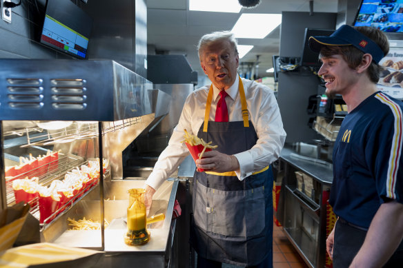 Donald Trump serves up French fries during a campaign stop at a McDonald’s in Pennsylvania.