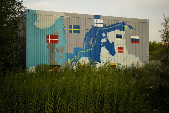 A painting on a container in Lubmin, Germany, shows the Nord Stream gas pipeline from Russia to Germany.