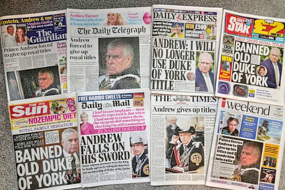 A selection of British national newspapers showing their reaction to Prince Andrew announcing he will relinquish his Duke of York title and the Order of the Garter.
