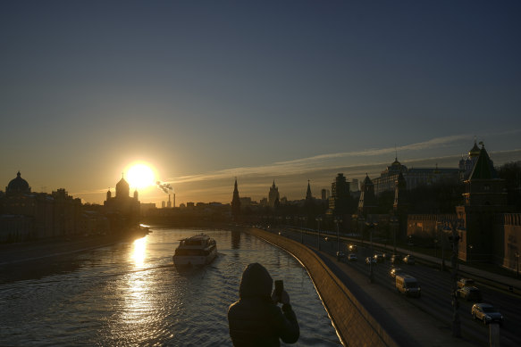 The sunsets over the Kremlin in Moscow on February 24.