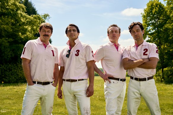 Danny Dyer as Freddie Jones, Luca Pasqualino as Bas Baddingham, Brendan Patricks as Henry Hampshire and Alex Hassell as Rupert Campbell-Black in Rivals.