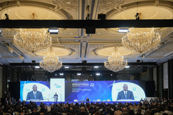 US Secretary of Defence Lloyd  Austin speaks at the Shangri-La Dialogue in Singapore.