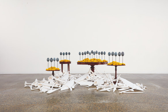 Jonathan Jones, Untitled (emu eggs) after Étienne-Pierre Ventenat, 2021–23 and Unitled ((vases, armes, pêche), 2023. Ceramic work: Somchai Charoen.