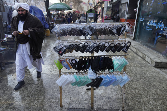 Masks for sales in Kabul. The Taliban have launched awareness and vaccine campaigns but “people aren’t listening”.