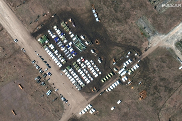 A satellite image of a tent camp at an airfield in Crimea, a peninsula Russia annexed in 2014.