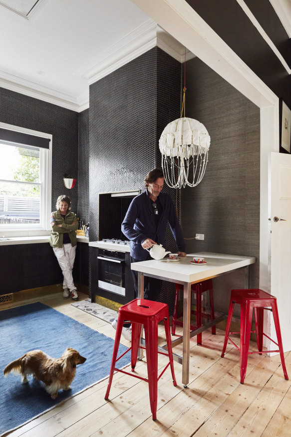 “We tiled the kitchen walls right up to the cornice to completely strip the 1980s features,” says Delany. The kitchen cupboard kickboards are brass.