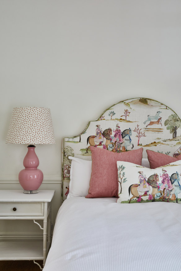 “A child’s behead that tells a story is magical,” says Monique of the ‘Darius Horse’ fabric on Eleanor’s bedhead. The lamp is from Adelaide Bragg & co.