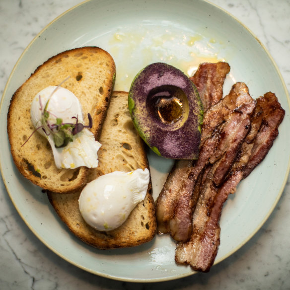 Knoff’s lunch: he missed fresh eggs and avocado in Antarctica. This avocado is sprinkled with purple powdered fermented cabbage.