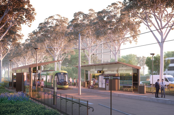 An artist's impression of the Gungahlin tram line from 2016 showing the light rail stations.