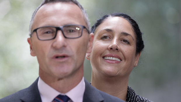Greens leader Richard Di Natale with the Greens' candidate for Batman, Alex Bhathal.