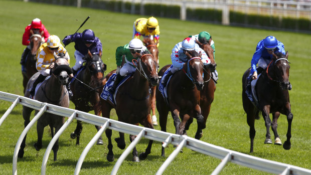 Gaining experience: Brenton Avdulla rides Estijaab (centre) to victory in record time.