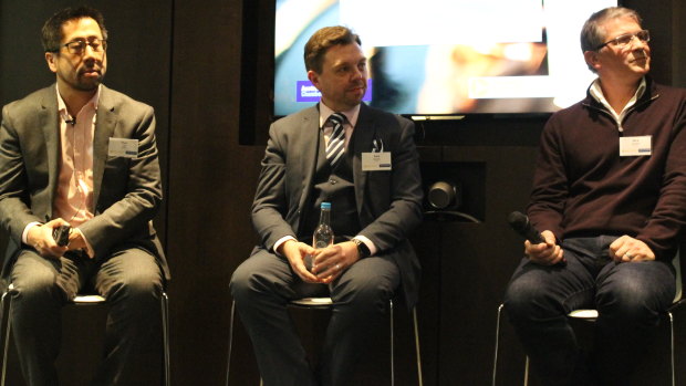 Cashless future... (L-R) Paul Lee from Deloitte, Paul Dennis from ITAB and Nick Dryden from Sthaler address the Australia-United Kingdom Chamber of Commerce on the future of biometrics and the cash economy.