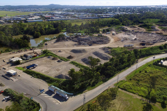 From the air: The Willawong Recycling Facility. Interstate waste is tipped on the pad on the right, while local waste is processed at the back of the site. About 25 to 30 interstate B-doubles were seen unloading daily.