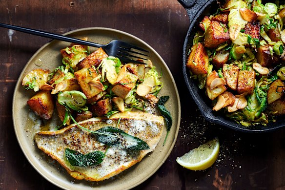 Lemon butter snapper with potato and Brussels sprouts hash is an excellent, balanced meal. 
