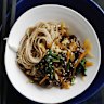 Warm Korean-style beef noodle salad.