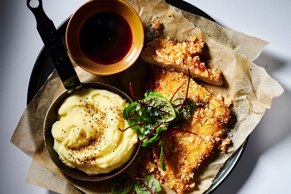 The classic schnitzel gets a Japanese twist with this sushi vinegar powder and panko crumb, plus wasabi mash.