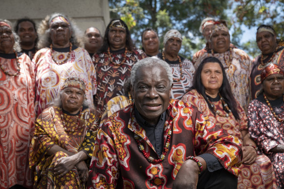 Morris Stuart with members of The Central Australian Aboriginal Women’s Choir in Brisbane last weekend.
