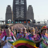 Thousands cross the Sydney Harbour Bridge as the WorldPride festival draws to a close.