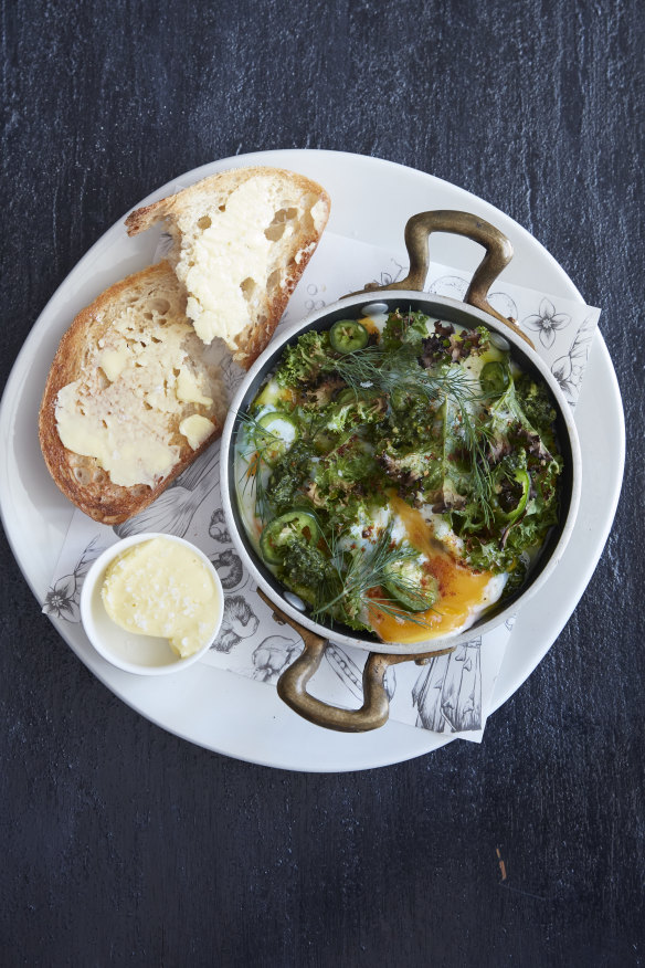 Baked green eggs with kale pesto.