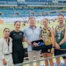 The NFL has arrived in Queensland: (from left to right) Mexico flag football captain Diana Flores, global flag football ambassador Kodie Fuller, NFL commissioner Roger Goodell, Australian women’s star Abbie Leyshon and Australian men’s star Jared Stegman.