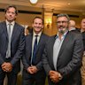 Former AFL CEOs Gillon McLachlan (left) and Andrew Demetriou (right) with current league boss Andrew Dillon at Neil Mitchell’s departure from 3AW Mornings last year.
