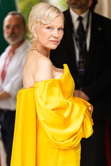 Pamela Anderson en route to the Place To Be screening during the 83rd Venice International Film Festival at Sala Giardino on September 9, 2026 in Venice, Italy.