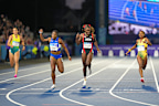 Adaejah Hodge of British Virgin Islands, second left, and Shaniqua Bascombe of Trinidad and Tobago, second right, compete in the Women’s 200m Final at the Commonwealth Games in Glasgow, Scotland, Friday, July 31, 2026. (AP Photo/Kin Cheung).