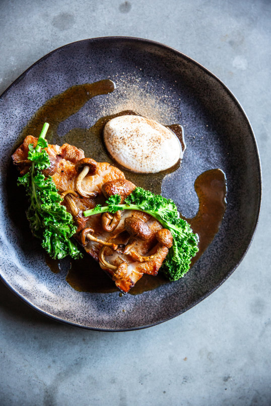 Martin’s Ridge pork chop with chestnut mushrooms. 