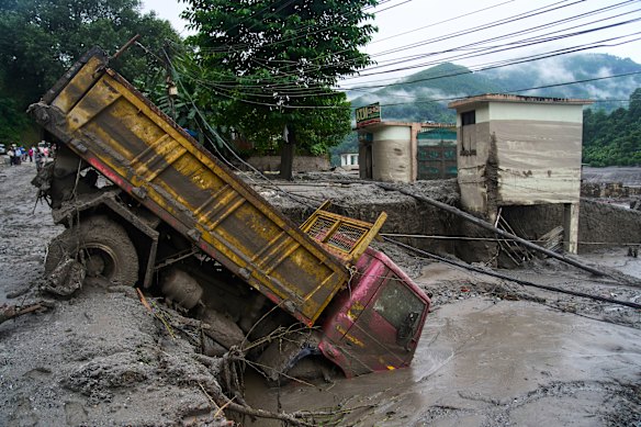 The aftermath of flash floods in Devighat in the Nuwakot district of Nepal.