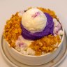 Shaved milk ice bingsu topped with ube (purple yam).