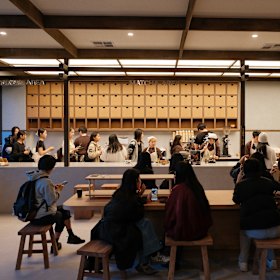 Inside the airy cafe.