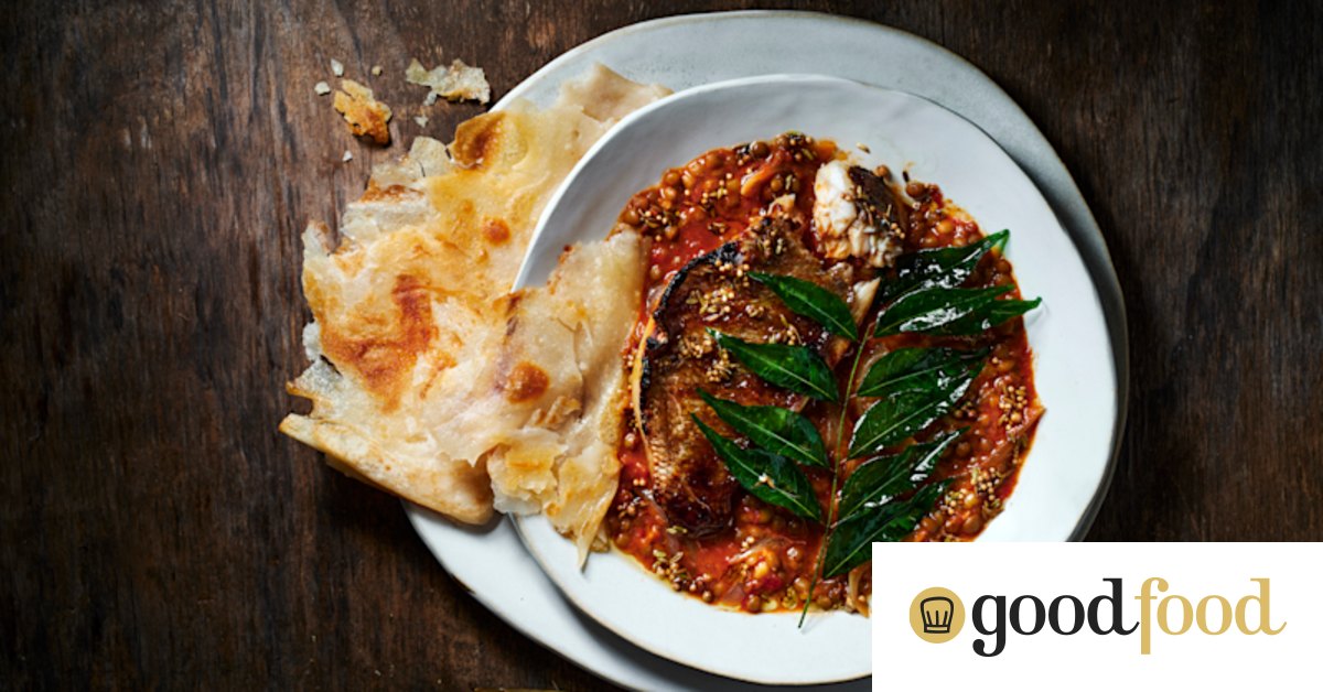 Sticky tamarind-roasted fish  with lentil dhal