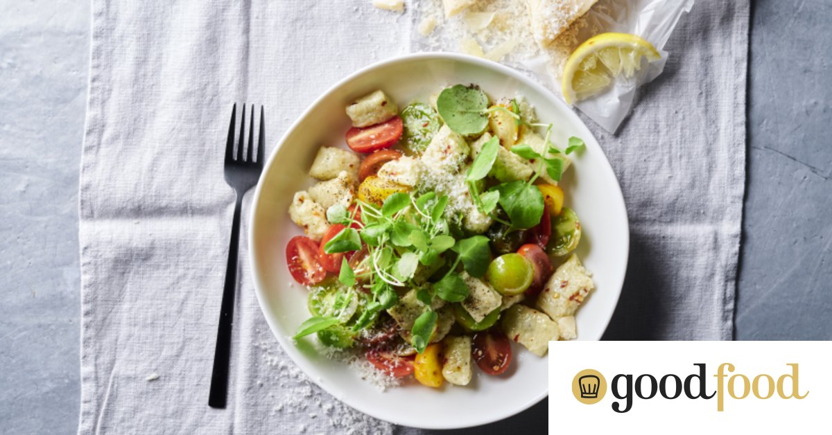 Ricotta and goat’s cheese gnudi with chilli, tomato and watercress