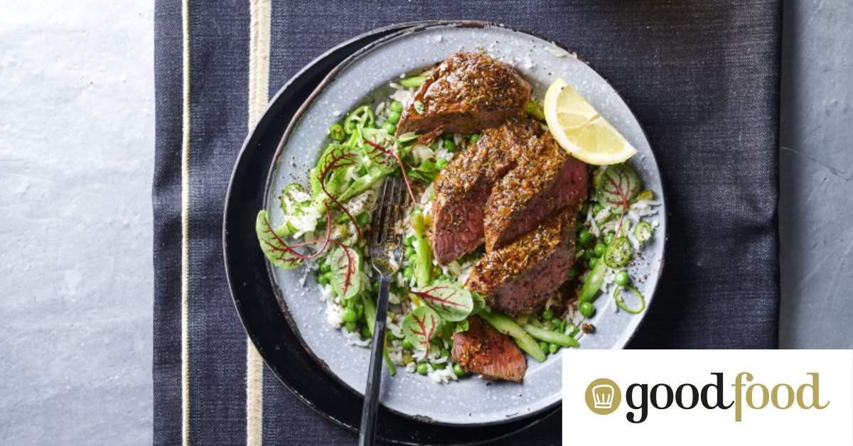 Jerk-spiced lamb with pickle rice salad and peas