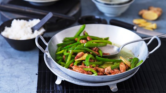 Adam Liaw’s pork and green capsicum stir-fry.