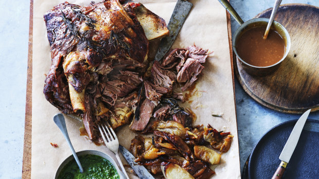 Adam Liaw’s roast lamb shoulder with mint sauce, onions and gravy.