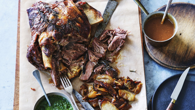 Adam Liaw’s roast lamb shoulder with mint sauce, onions and gravy.